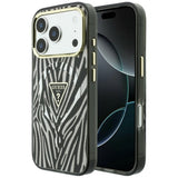 Husă pentru iPhone 17 Pro / iPhone 18 Pro, Guess Zebra Glitter Triangle Logo MagSafe, Argintie