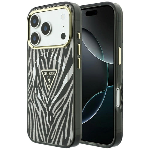 Husă pentru iPhone 17 Pro / iPhone 18 Pro, Guess Zebra Glitter Triangle Logo MagSafe, Argintie