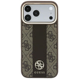 Husă pentru iPhone 17 Pro / iPhone 18 Pro, Guess Leather 4G Stripe Round Classic Logo MagSafe, Maro
