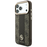Husă pentru iPhone 17 Pro / iPhone 18 Pro, Guess Leather 4G Stripe Round Classic Logo MagSafe, Maro