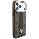 Husă pentru iPhone 17 Pro Max / iPhone 18 Pro Max, Guess Leather 4G Stripe Round Classic Logo MagSafe, Maro