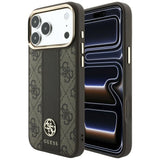 Husă pentru iPhone 17 Pro Max / iPhone 18 Pro Max, Guess Leather 4G Stripe Round Classic Logo MagSafe, Maro