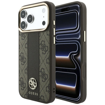 Husă pentru iPhone 17 Pro Max / iPhone 18 Pro Max, Guess Leather 4G Stripe Round Classic Logo MagSafe, Maro