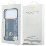 Husă pentru iPhone 17 Pro / iPhone 18 Pro, Guess Leather 4G Stripe Round Classic Logo MagSafe, Albastră