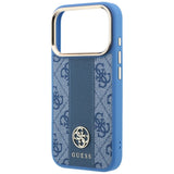 Husă pentru iPhone 17 Pro / iPhone 18 Pro, Guess Leather 4G Stripe Round Classic Logo MagSafe, Albastră