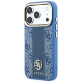 Husă pentru iPhone 17 Pro / iPhone 18 Pro, Guess Leather 4G Stripe Round Classic Logo MagSafe, Albastră