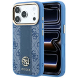 Husă pentru iPhone 17 Pro / iPhone 18 Pro, Guess Leather 4G Stripe Round Classic Logo MagSafe, Albastră