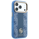 Husă pentru iPhone 17 Pro Max / iPhone 18 Pro Max, Guess Leather 4G Stripe Round Classic Logo MagSafe, Albastră