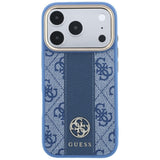 Husă pentru iPhone 17 Pro Max / iPhone 18 Pro Max, Guess Leather 4G Stripe Round Classic Logo MagSafe, Albastră