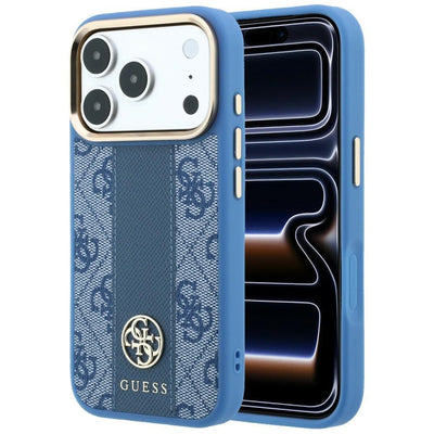 Husă pentru iPhone 17 Pro Max / iPhone 18 Pro Max, Guess Leather 4G Stripe Round Classic Logo MagSafe, Albastră