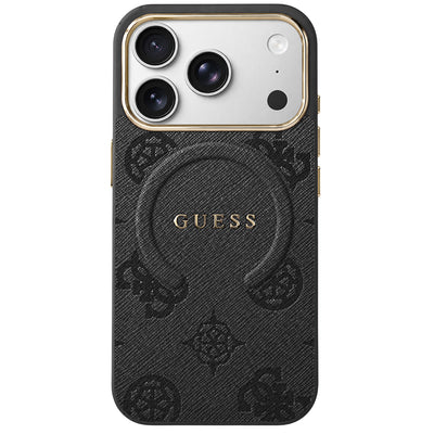 Husă pentru iPhone 17 Pro / iPhone 18 Pro, Guess 4G Embossed Ring Classic Logo MagSafe, Neagră
