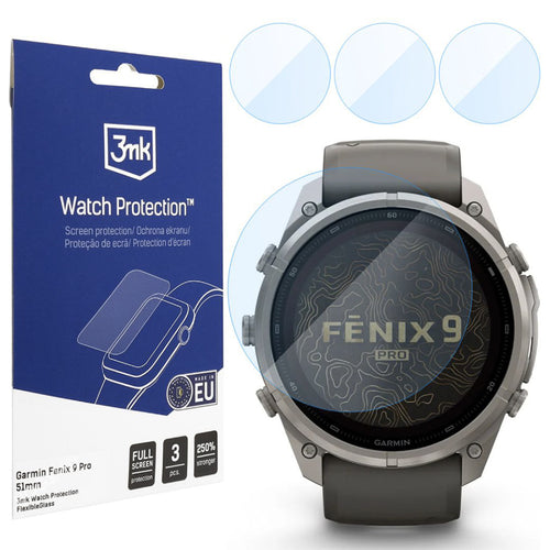 Folie pentru Garmin Fenix 9 Pro 51mm, 3mk FlexibleGlass, set 3 bucăți, Transparentă