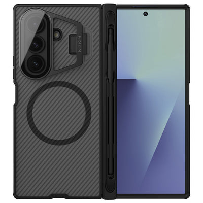 Husă pentru Samsung Galaxy Z Fold7, Nillkin CamShield Prop Magnetic, cu capac obiectiv și suport S Pen, Negru transparent