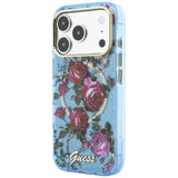 Husă pentru iPhone 17 Pro Max / iPhone 18 Pro Max, Guess IML Glitter Blossom Roses MagSafe, Albastru deschis