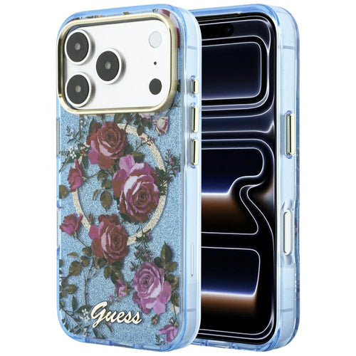 Husă pentru iPhone 17 Pro / iPhone 18 Pro, Guess IML Glitter Blossom Roses MagSafe, Albastru deschis