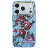 Husă pentru iPhone 17 Pro / iPhone 18 Pro, Guess IML Glitter Blossom Roses MagSafe, Albastru deschis