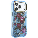 Husă pentru iPhone 17 Pro / iPhone 18 Pro, Guess IML Glitter Blossom Roses MagSafe, Albastru deschis