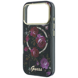 Husă pentru iPhone 17 Pro / iPhone 18 Pro, Guess IML Glitter Blossom Roses MagSafe, Neagră