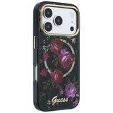 Husă pentru iPhone 17 Pro / iPhone 18 Pro, Guess IML Glitter Blossom Roses MagSafe, Neagră