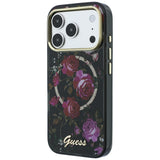 Husă pentru iPhone 17 Pro / iPhone 18 Pro, Guess IML Glitter Blossom Roses MagSafe, Neagră