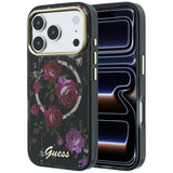 Husă pentru iPhone 17 Pro / iPhone 18 Pro, Guess IML Glitter Blossom Roses MagSafe, Neagră