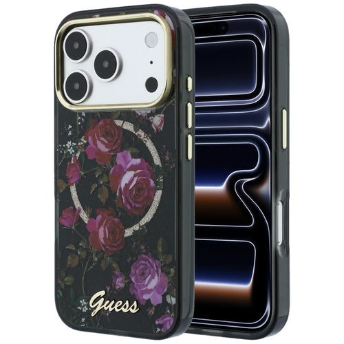 Husă pentru iPhone 17 Pro / iPhone 18 Pro, Guess IML Glitter Blossom Roses MagSafe, Neagră