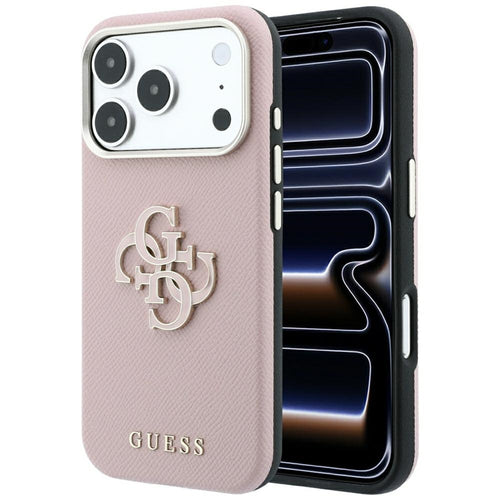 Husă pentru iPhone 17 Pro Max / iPhone 18 Pro Max, Guess Grained Leather and Big Resin Logo, Roz