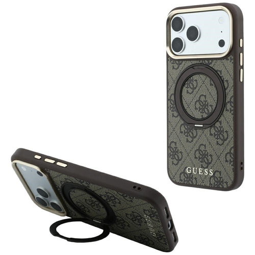 Husă pentru iPhone 17 Pro / iPhone 18 Pro, Guess Ring Stand 360 4G Leather Classic Logo MagSafe, Maro