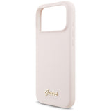 Husă pentru iPhone 17 Pro Max / iPhone 18 Pro Max, Guess Silicone Script Metal Logo MagSafe, Roz