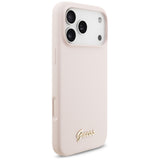 Husă pentru iPhone 17 Pro Max / iPhone 18 Pro Max, Guess Silicone Script Metal Logo MagSafe, Roz