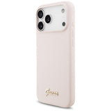 Husă pentru iPhone 17 Pro Max / iPhone 18 Pro Max, Guess Silicone Script Metal Logo MagSafe, Roz
