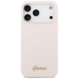 Husă pentru iPhone 17 Pro Max / iPhone 18 Pro Max, Guess Silicone Script Metal Logo MagSafe, Roz