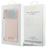 Husă pentru iPhone 17 Pro Max / iPhone 18 Pro Max, Guess Silicone Script Metal Logo MagSafe, Roz