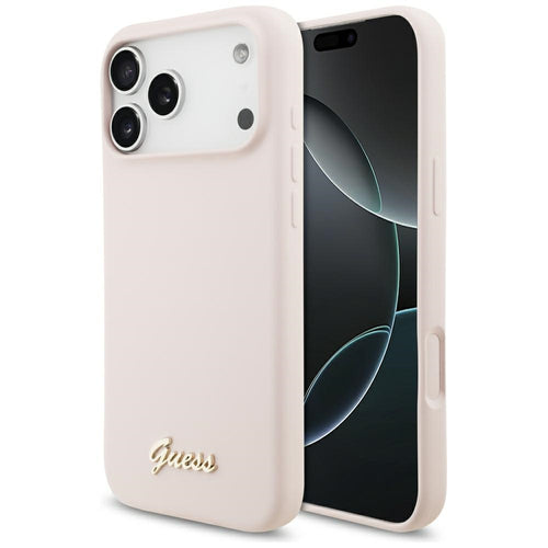 Husă pentru iPhone 17 Pro Max / iPhone 18 Pro Max, Guess Silicone Script Metal Logo MagSafe, Roz