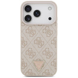 Husă pentru iPhone 17 Pro / iPhone 18 Pro, Guess Leather 4G Triangle Strass MagSafe, Roz