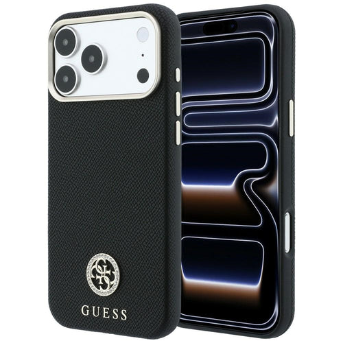 Husă pentru iPhone 17 Pro Max / iPhone 18 Pro Max, Guess Grained Leather Round Strass Logo MagSafe, Neagră