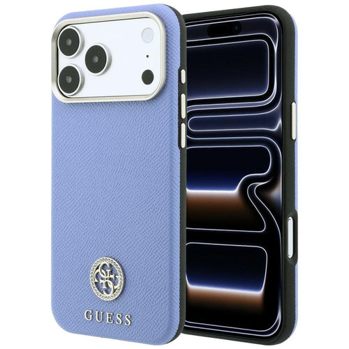 Husă pentru iPhone 17 Pro Max / iPhone 18 Pro Max, Guess Grained Leather Round Strass Logo MagSafe, Albastru deschis
