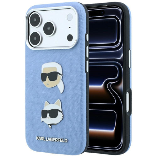 Husă pentru iPhone 17 Pro Max / iPhone 18 Pro Max, Karl Lagerfeld Saffiano K&C Heads Pins and Logo, Albastru deschis