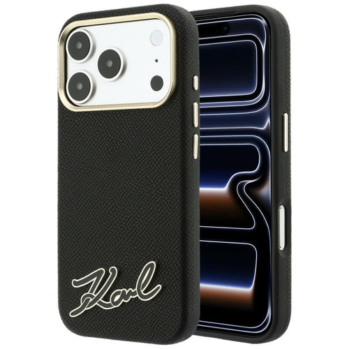 Husă pentru iPhone 17 Pro / iPhone 18 Pro, Karl Lagerfeld Grained Leather with Resin Sign Logo MagSafe, Neagră