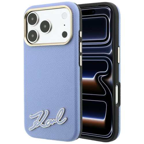 Husă pentru iPhone 17 Pro / iPhone 18 Pro, Karl Lagerfeld Grained Leather with Resin Sign Logo MagSafe, Albastru deschis