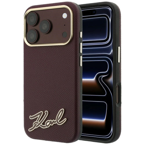 Husă pentru iPhone 17 Pro / iPhone 18 Pro, Karl Lagerfeld Grained Leather with Resin Sign Logo MagSafe, Bordo