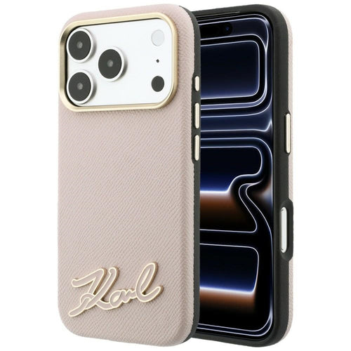 Husă pentru iPhone 17 Pro / iPhone 18 Pro, Karl Lagerfeld Grained Leather with Resin Sign Logo MagSafe, Roz