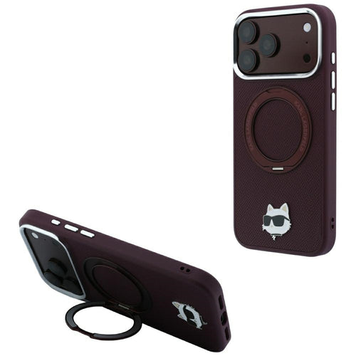 Husă pentru iPhone 17 Pro / iPhone 18 Pro, Karl Lagerfeld Saffiano Ring Stand 360° Choupette Head Pin, Bordo