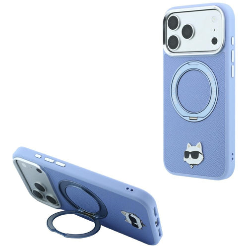 Husă pentru iPhone 17 Pro / iPhone 18 Pro, Karl Lagerfeld Saffiano Ring Stand 360° Choupette Head Pin, Albastru deschis