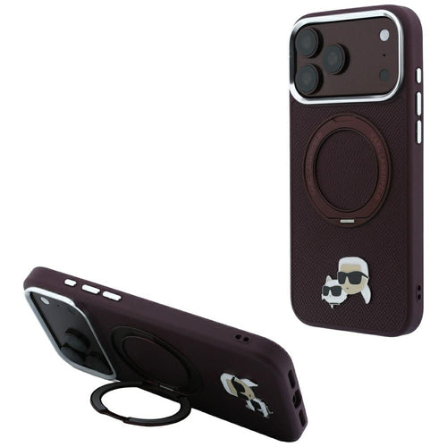 Husă pentru iPhone 17 Pro / iPhone 18 Pro, Karl Lagerfeld Saffiano Ring Stand 360° KC Heads Pin, Bordo