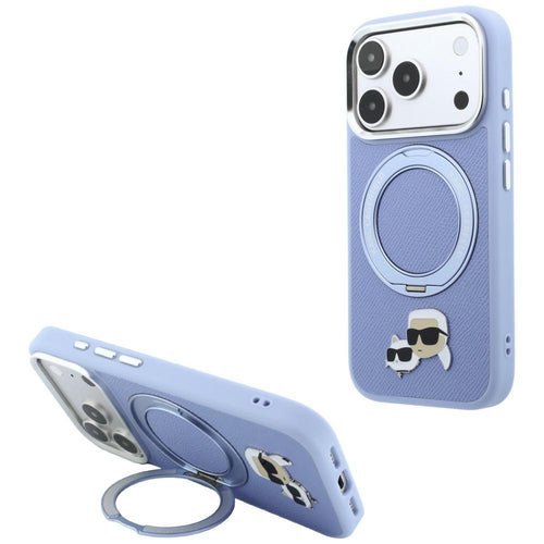 Husă pentru iPhone 17 Pro / iPhone 18 Pro, Karl Lagerfeld Saffiano Ring Stand 360° KC Heads Pin, Bleu