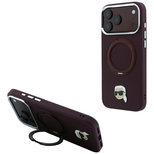 Husă pentru iPhone 17 Pro / iPhone 18 Pro, Karl Lagerfeld Saffiano Ring Stand 360° K. Head Pin, Bordo