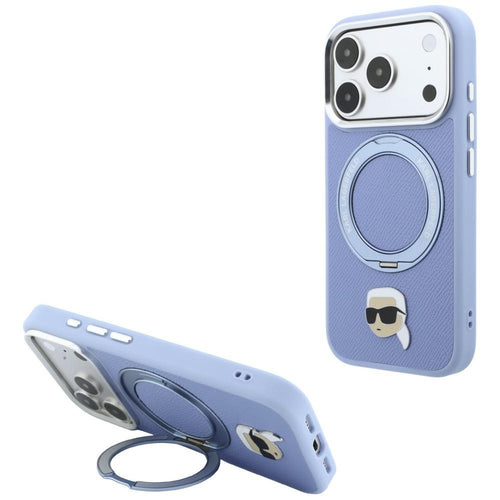 Husa pentru iPhone 17 Pro / iPhone 18 Pro, Karl Lagerfeld Saffiano Ring Stand 360° K. Head Pin, Bleu