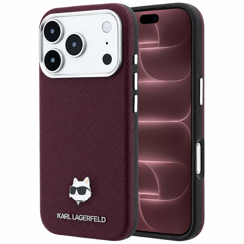 Husă pentru iPhone 17 Pro Max / iPhone 18 Pro Max, Karl Lagerfeld Grained Leather Choupette Head MagSafe, Bordo