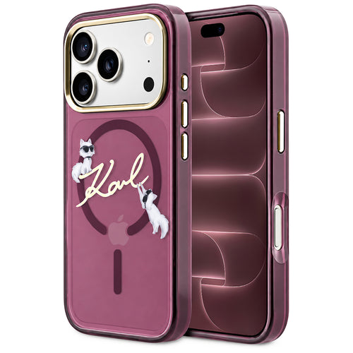 Husă pentru iPhone 17 Pro Max / iPhone 18 Pro Max, Karl Lagerfeld IML Choupette and Karl Script Logo MagSafe, Bordo